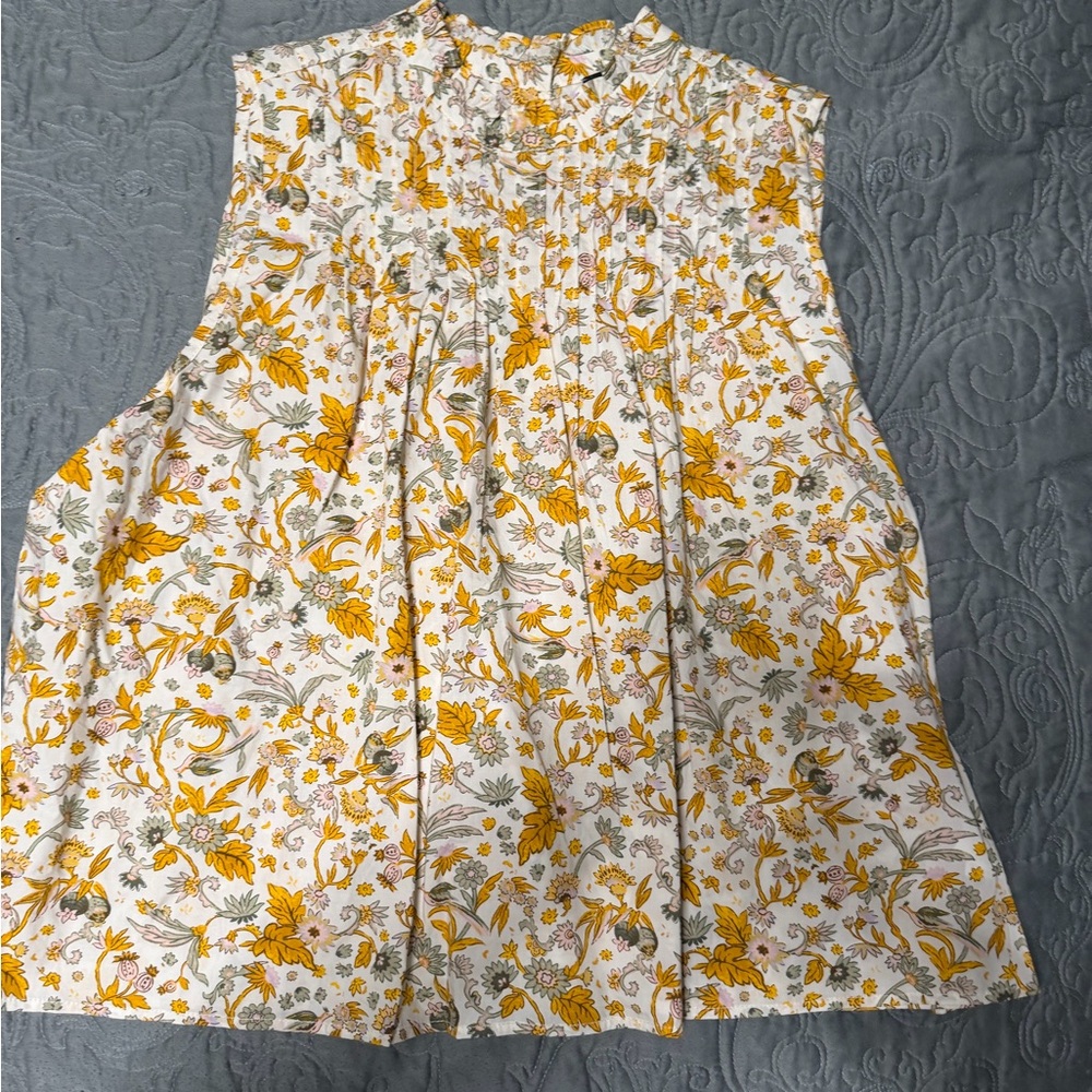 J. Crew Cream Sleeveless Floral Blouse with Yellow and Green Print